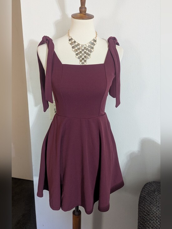 miami Dresses & Skirts - Mi Ami Francesca’s Burgundy Tie Shoulder Skater Mini Dress Size S